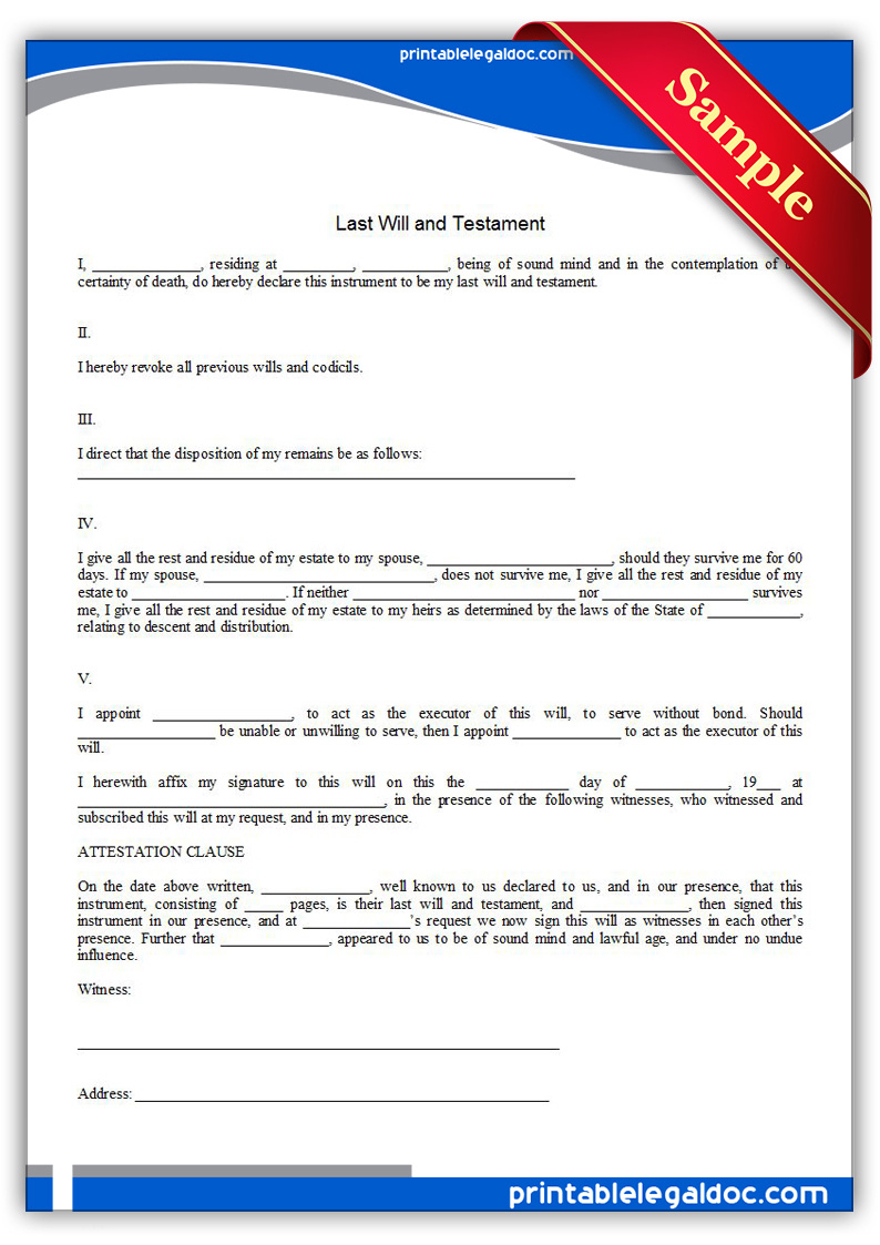 Free Printable Last Will And Testamant Simple Form GENERIC 