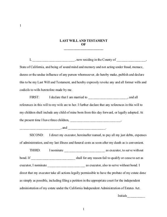 Free Printable Last Will And Testament Form GENERIC 