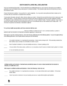 Free South Dakota Living Will Declaration Form PDF EForms