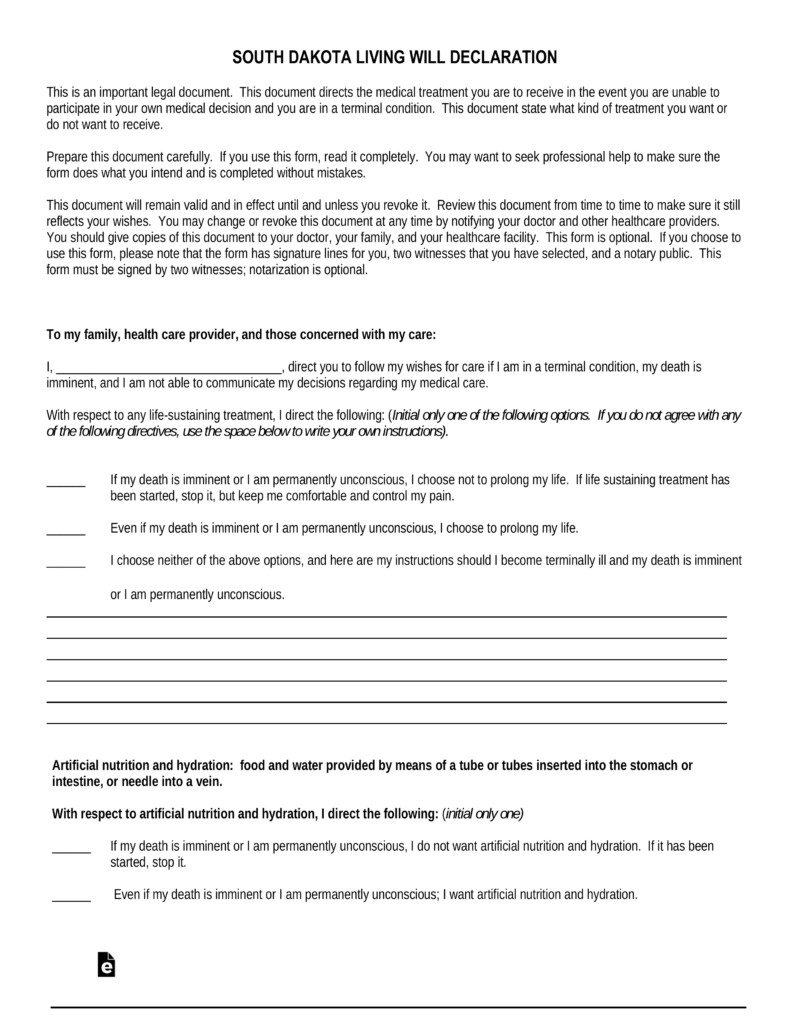 Free South Dakota Living Will Declaration Form PDF EForms