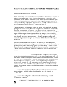 Free Texas Living Will Form Advance Directive To