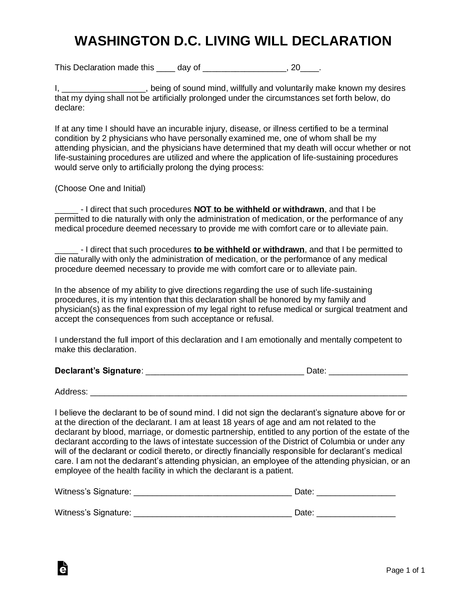 Free Washington D C Living Will Declaration Form PDF 