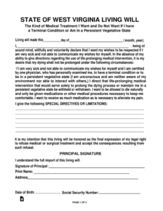 Free West Virginia Living Will Form PDF EForms