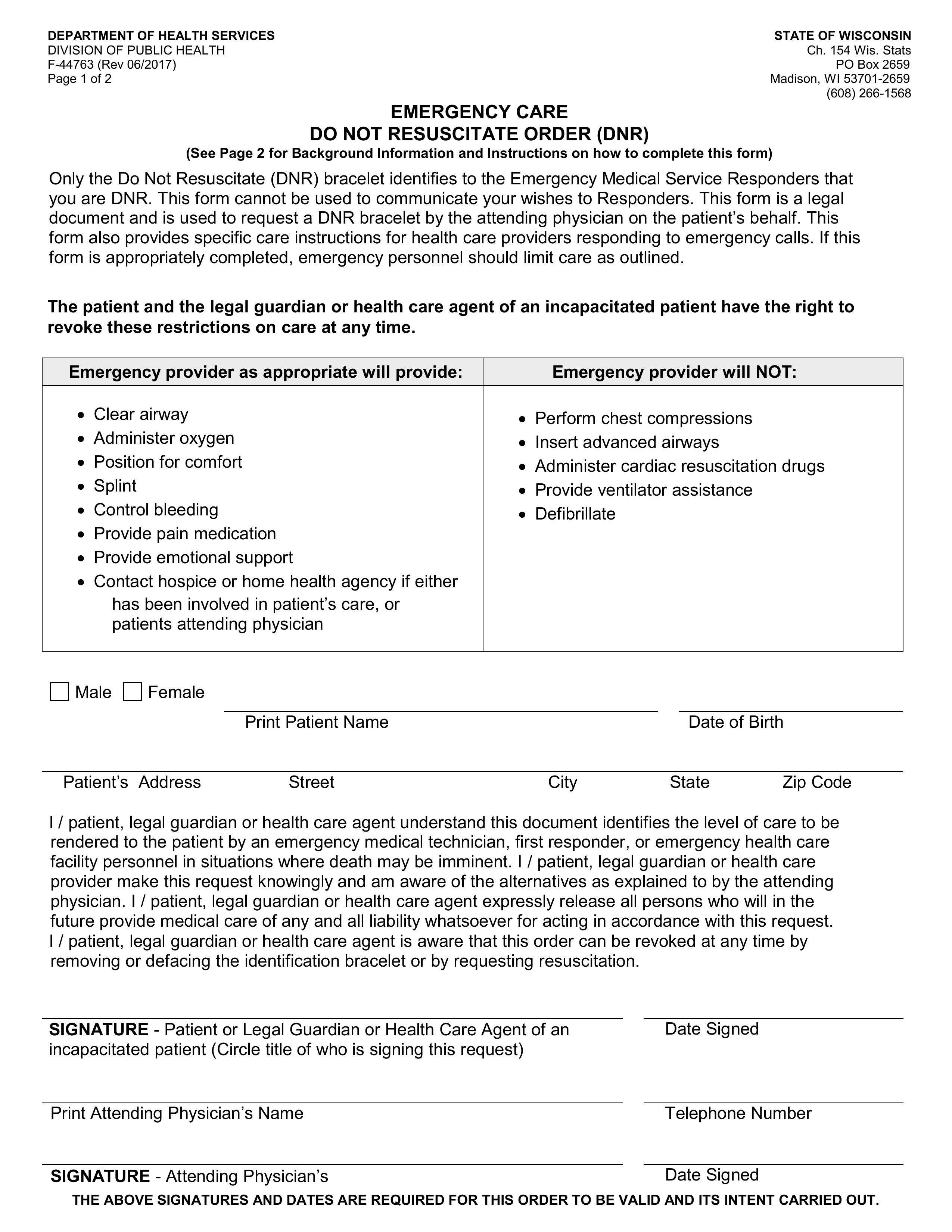 Free Wisconsin Do Not Resuscitate DNR Order Form PDF 