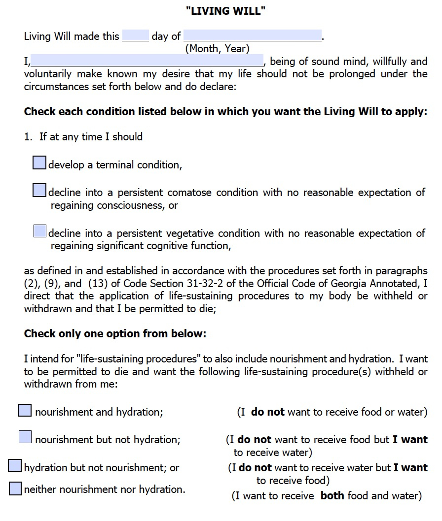 Georgia Living Will Form Advance Directive Living Will 