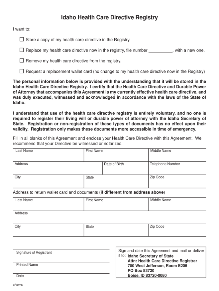 ID Health Care Directive Registry 2019 Fill And Sign – Living Will ...