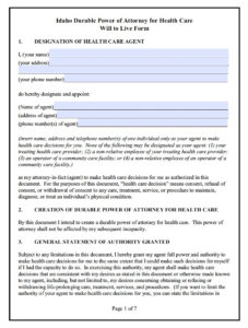 Idaho Durable Medical Power Of Attorney Form Living Will