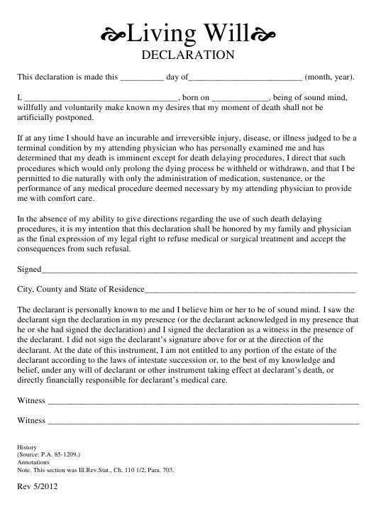 Illinois Living Will Declaration Download Printable PDF 