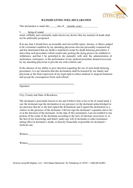 Illinois Living Will Declaration Template Printable Pdf 