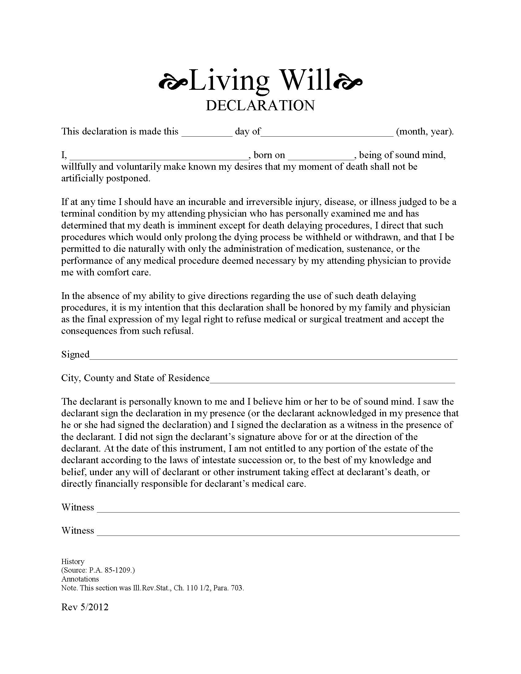 Illinois Living Will Form Fillable PDF Free Printable 