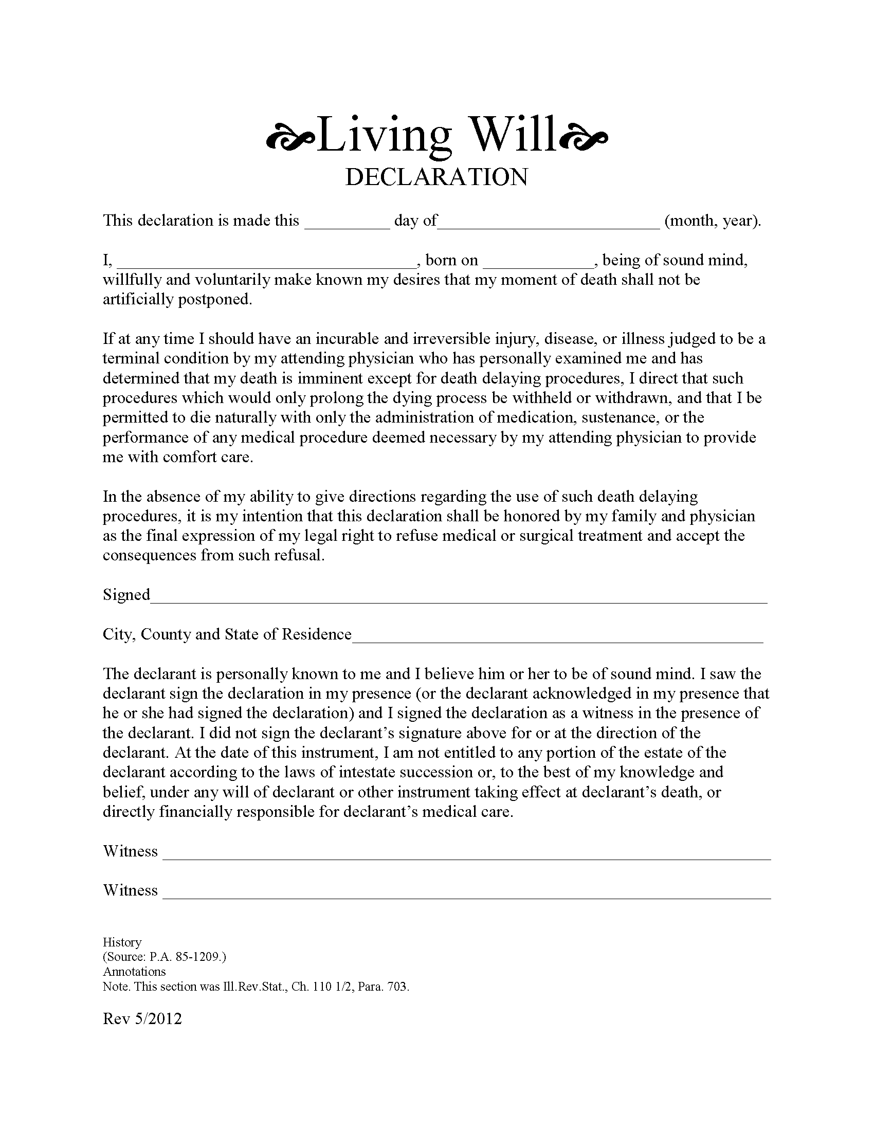 Illinois Living Will Form Free Printable Legal Forms