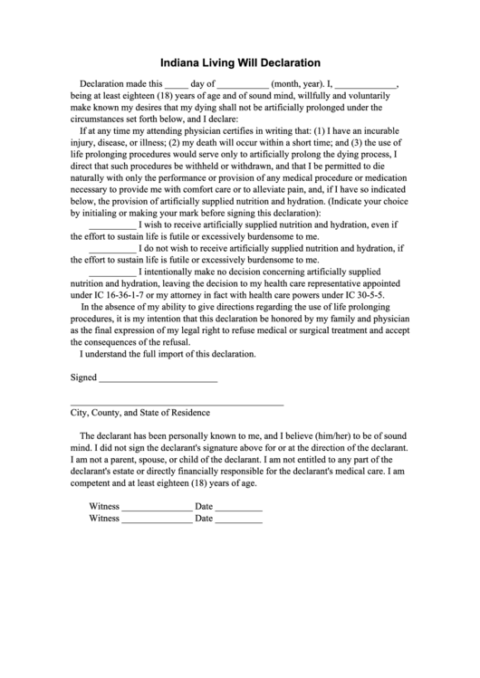Indiana Living Will Declaration Printable Pdf Download