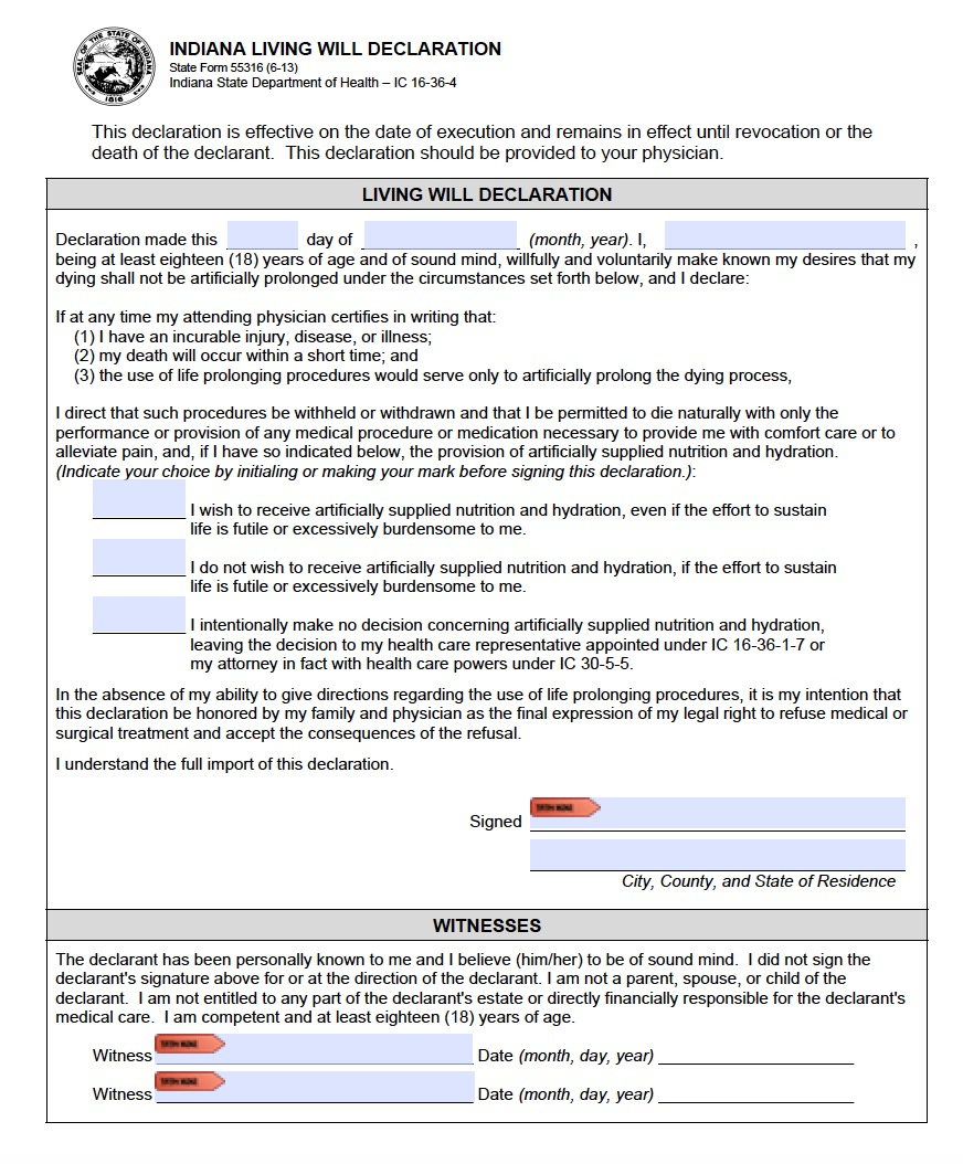 Indiana Living Will Form Advance Directive Living Will 