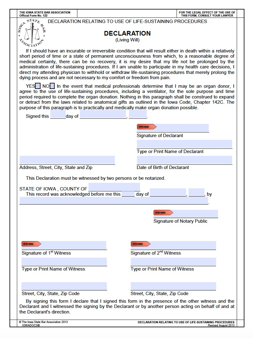 Iowa Living Will Form Advance Directive Living Will 