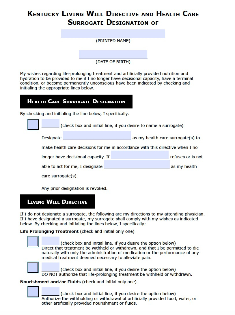 Kentucky Living Will Form Advance Directive Living 