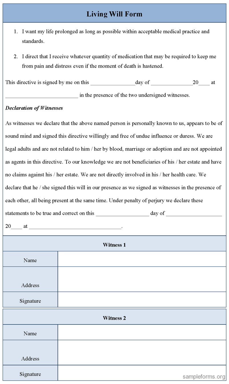 Living Will Sample Free Printable Documents