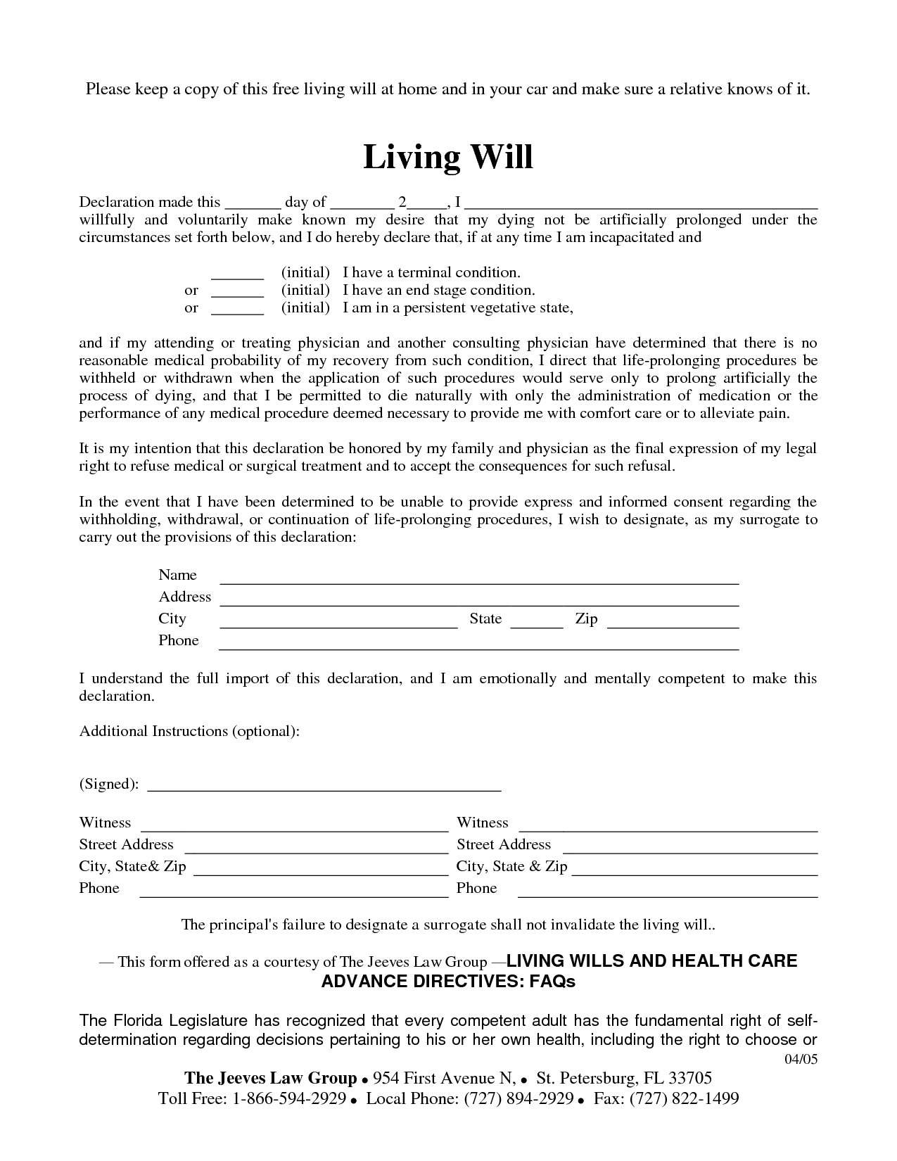 Living Will Sample Free Printable Documents