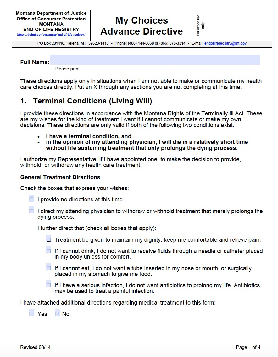 Montana Living Will Advance Directive Living Will 