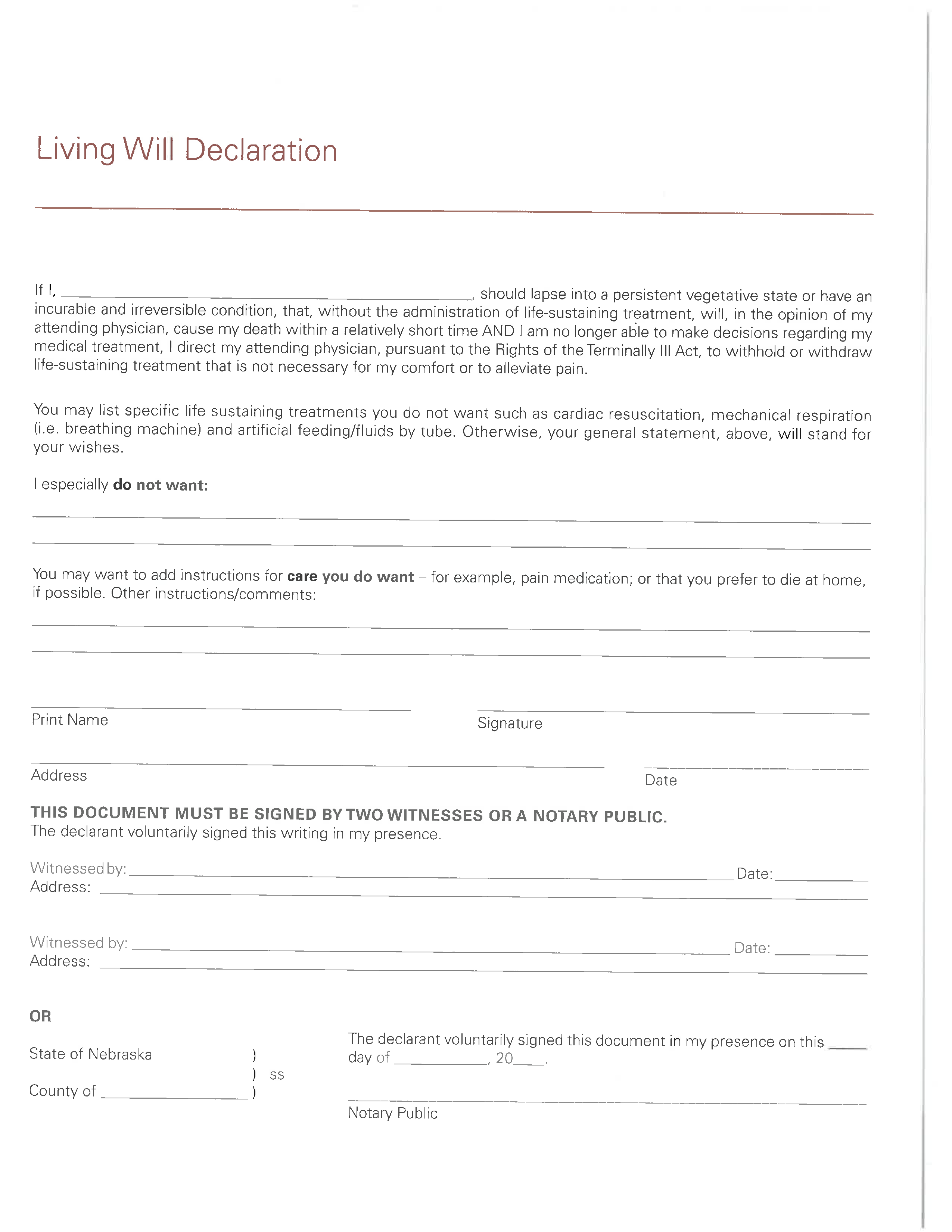 Nebraska Living Will Form Fillable PDF Free Printable 