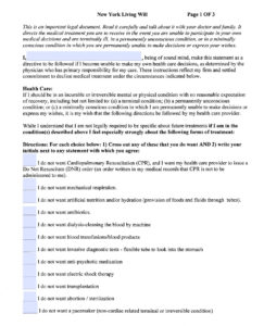 New York Living Will Form Advance Directive Living