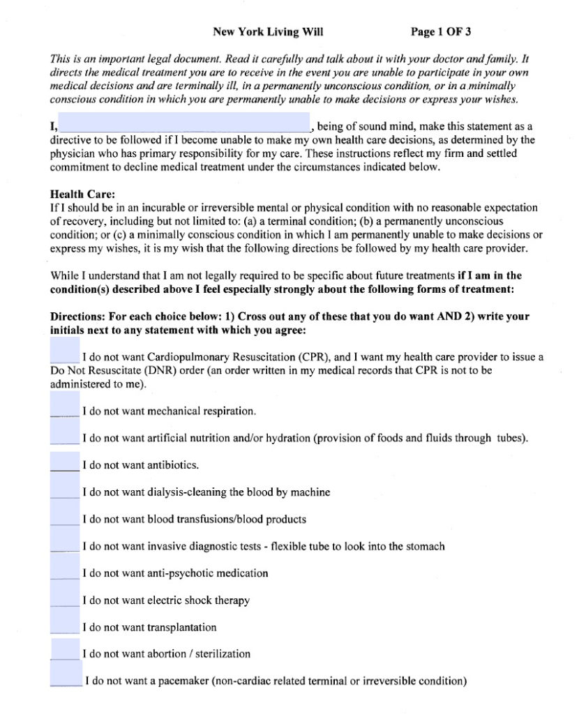 New York Living Will Form Advance Directive Living – Living Will Forms ...