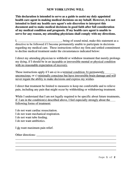 Printable Living Will Form Ny State Printable Forms Free Online