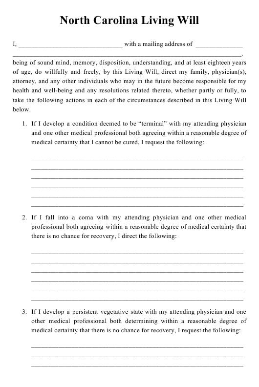 North Carolina Living Will Download Printable PDF Living Will Forms