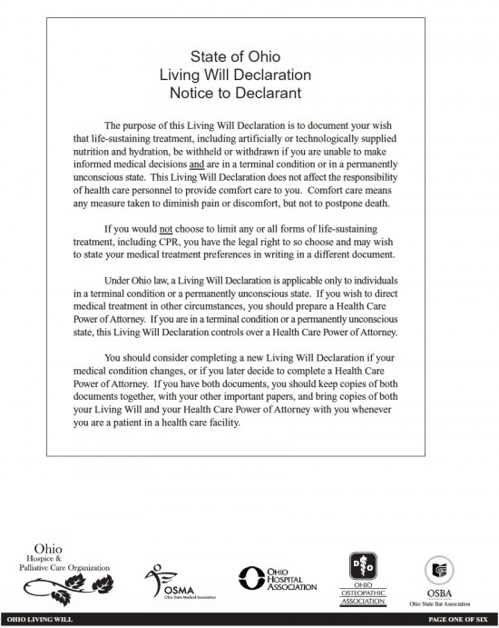 Fillable State Of Ohio Living Will Declaration Template Living Will