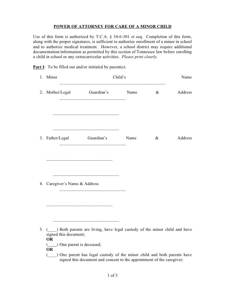 Tennessee Minor Child Power Of Attorney Form Power Of – Living Will