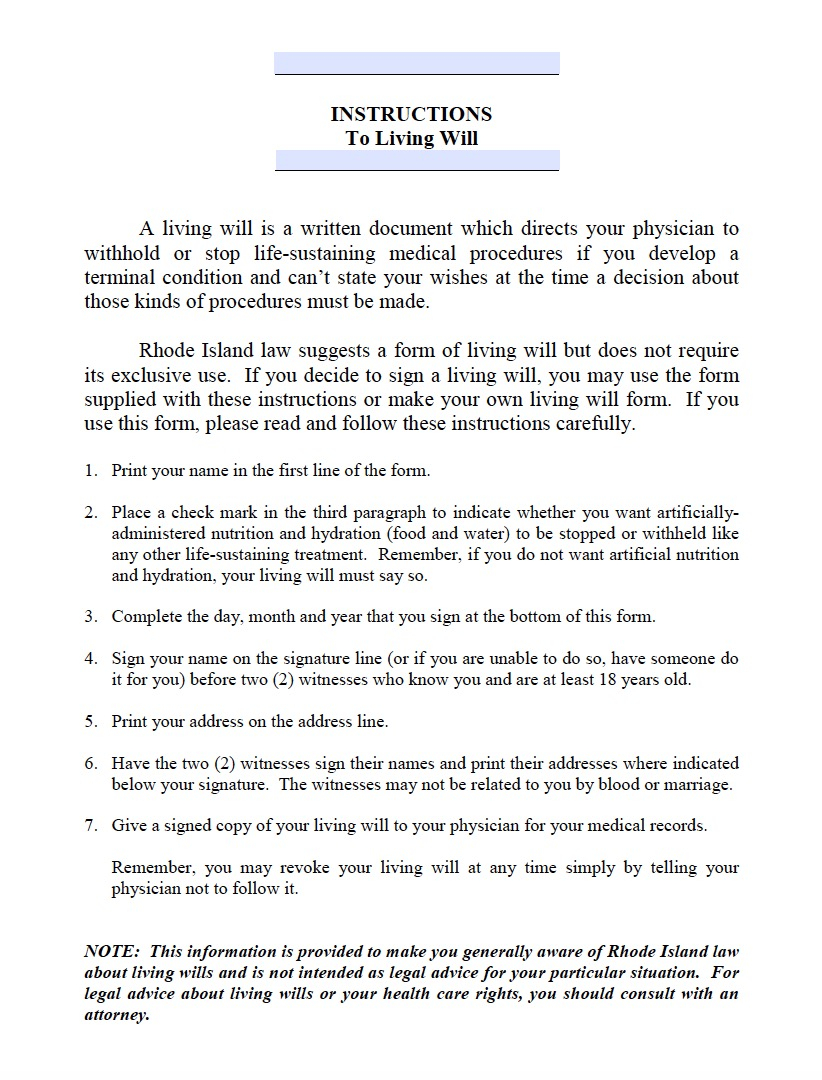 Rhode Island Living Will Form Advance Directive Living 