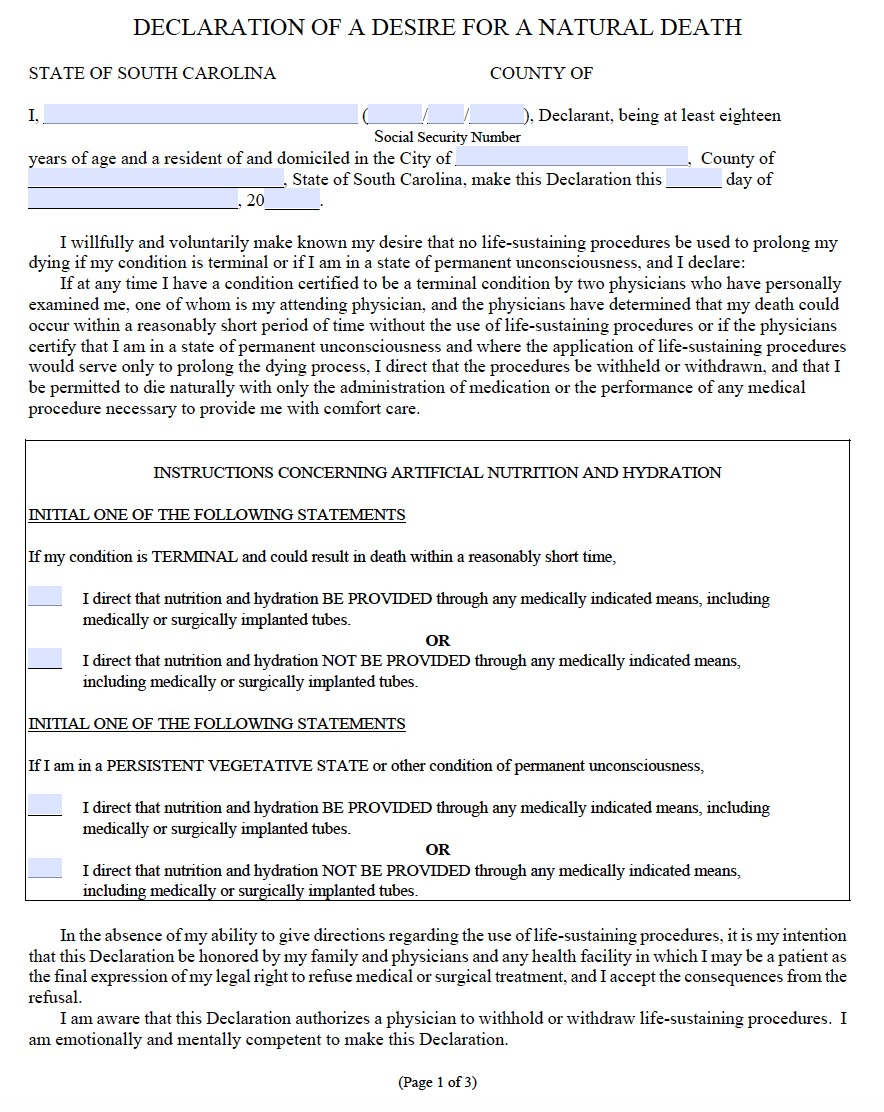 South Carolina Living Will Form Advance Directive 