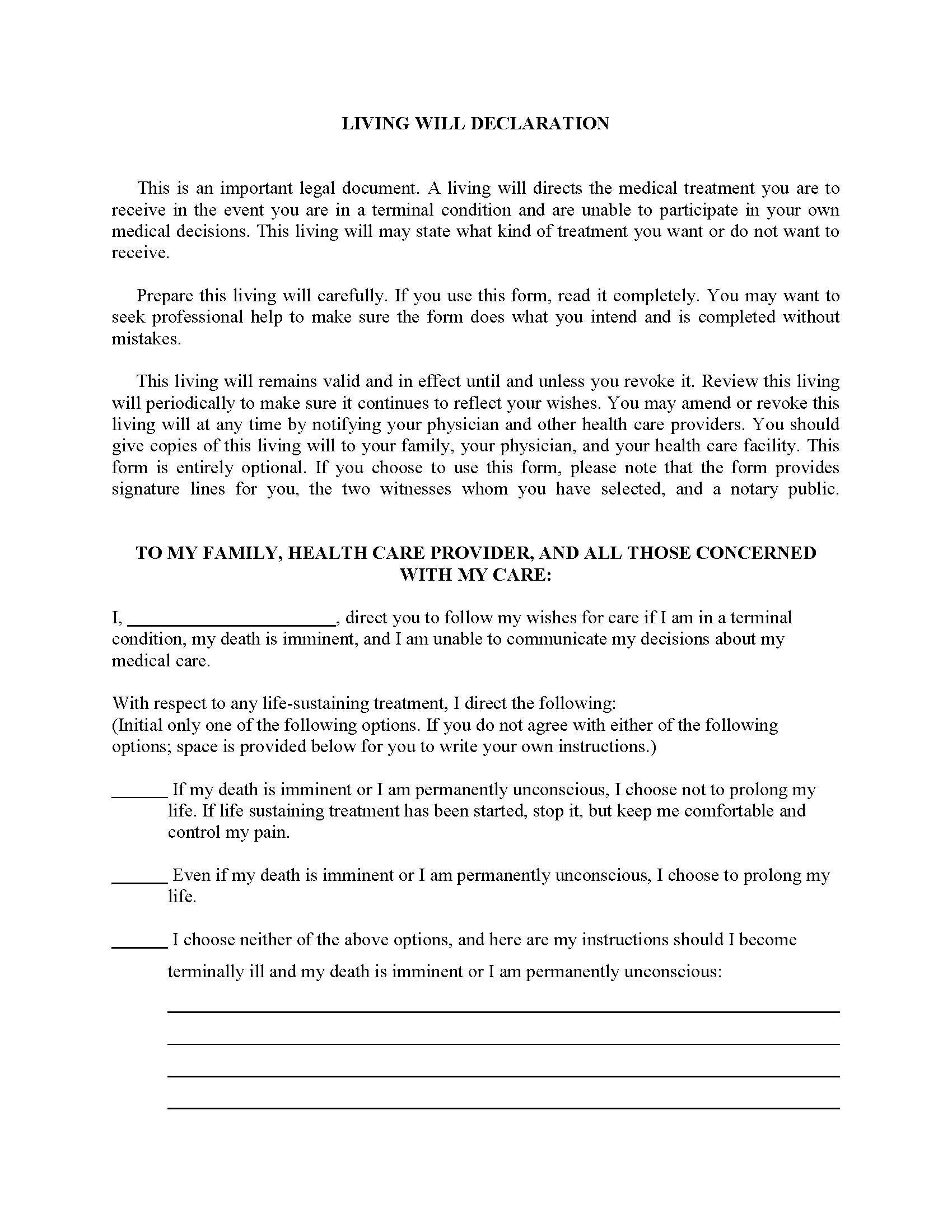 South Dakota Living Will Form Free Printable Legal Forms