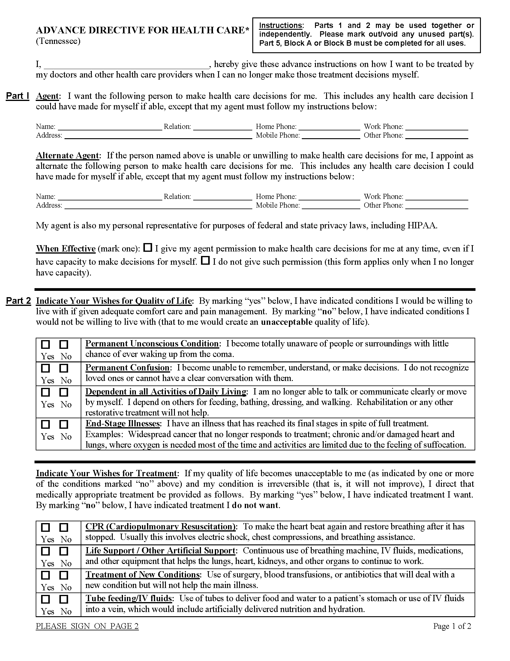 Tennessee Living Will Form Free Printable Legal Forms