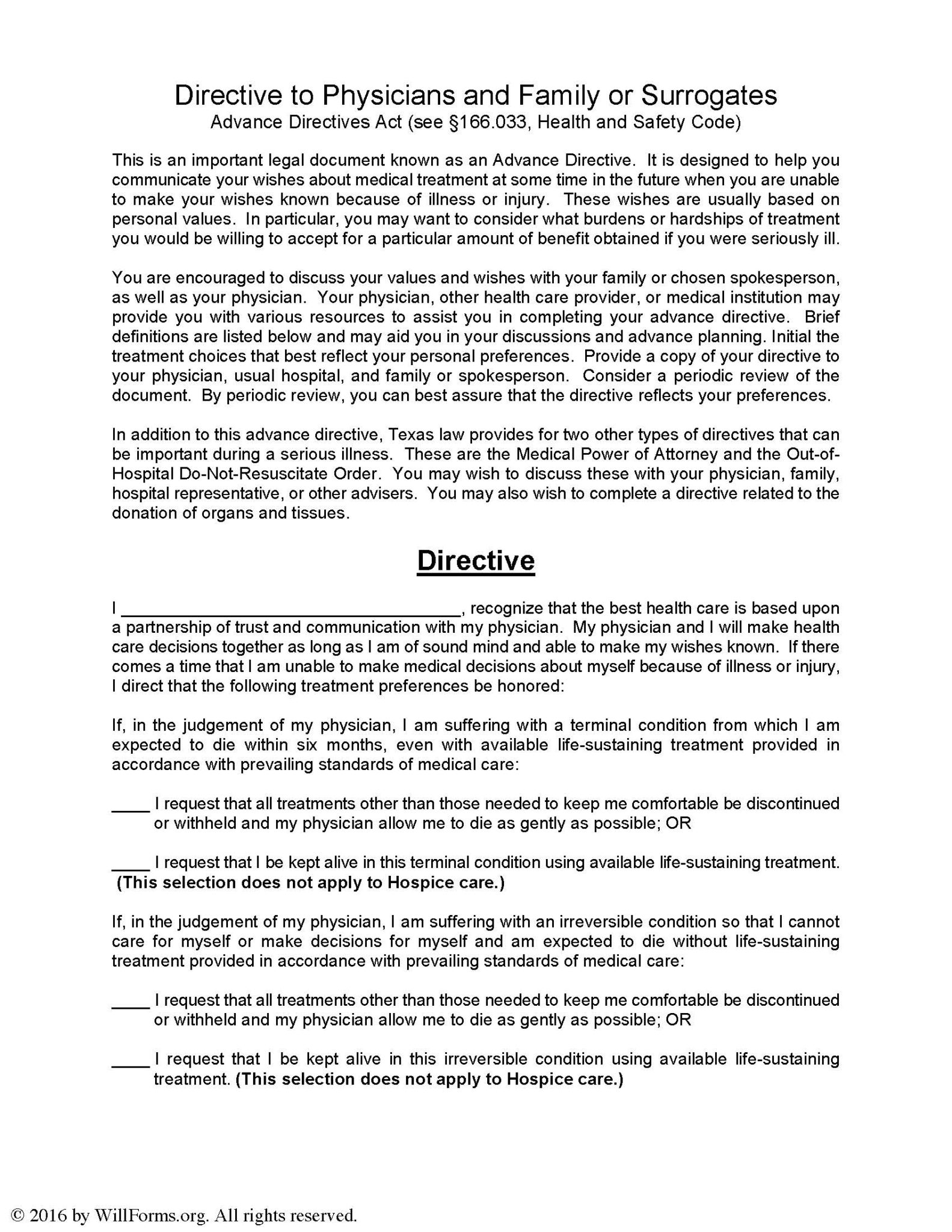 Texas advance health care directive living will form living will