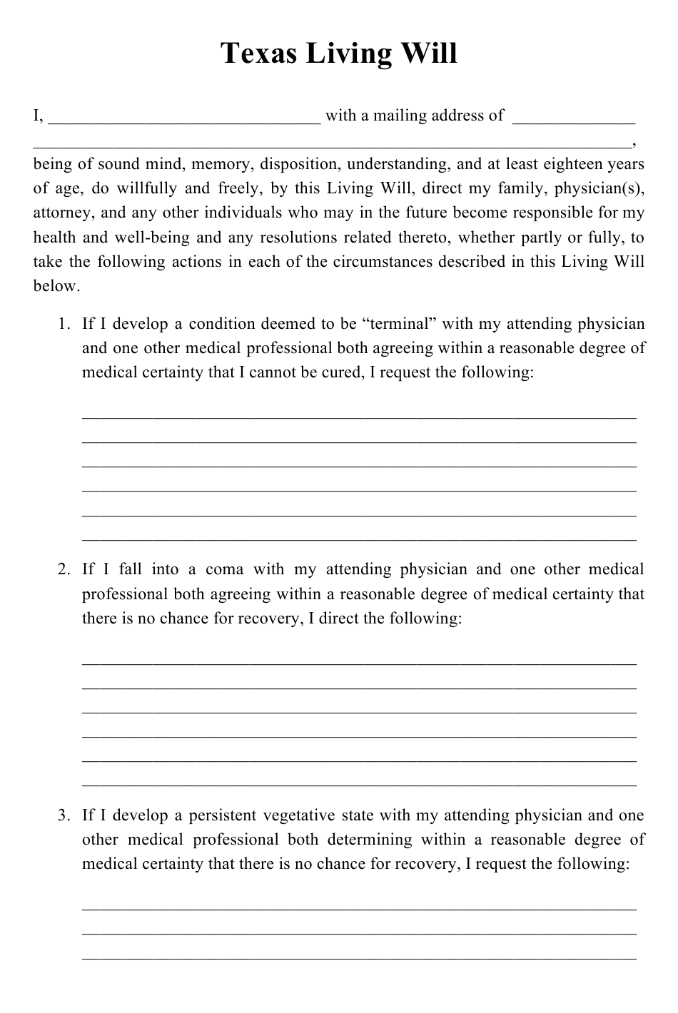 Texas Living Will Download Printable PDF Templateroller Living Will