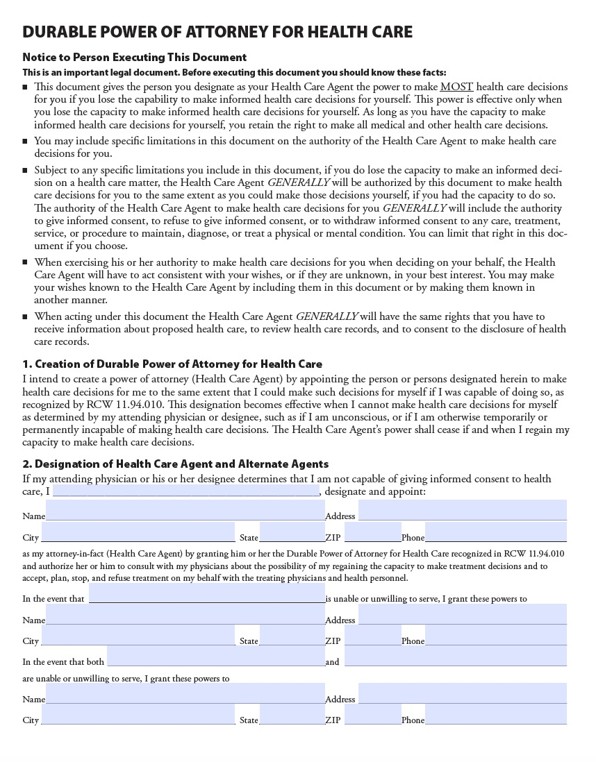 Washington Medical Power Of Attorney Form Living Will 