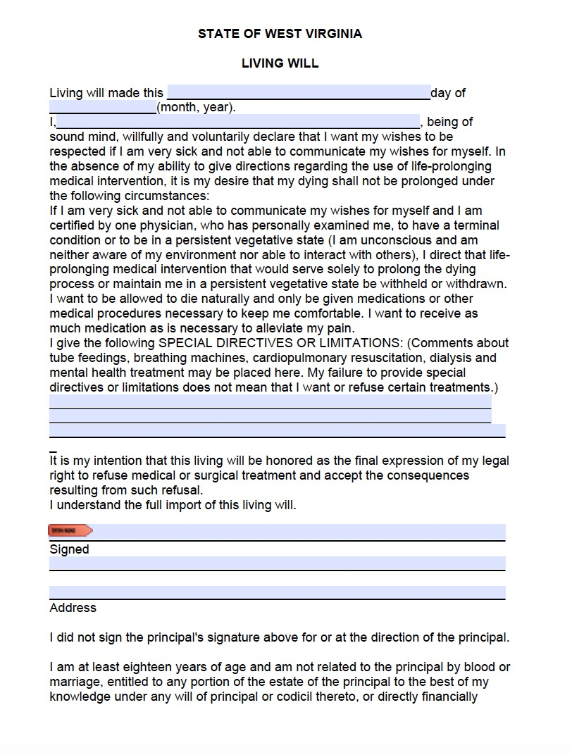 West Virginia Living Will Form Advance Directive 